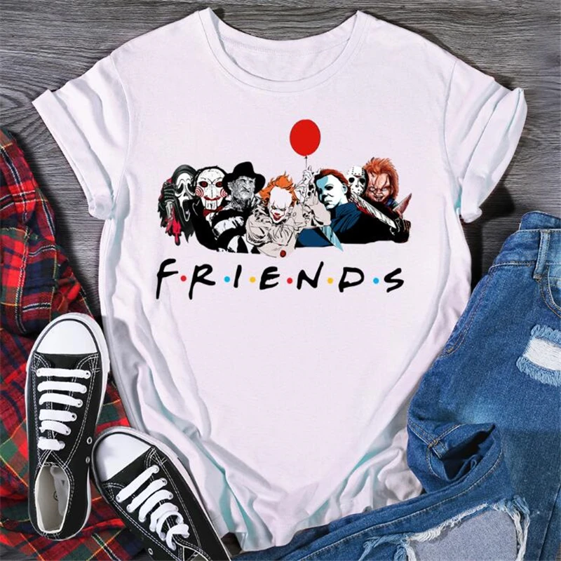 Gothic Friends Horror T Shirt Women Wicca Punk Clothes Cool Halloween Edgy Graphic Tee Grunge Devil Plus Size Rock Men Tops