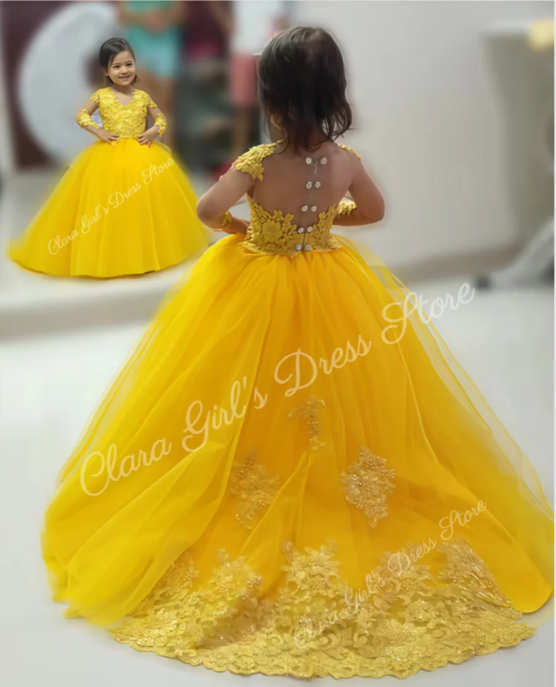

Full-sleeve long yellow flower girl dress, wedding lace appliqué, princess dress for communion/birthday party or dinner