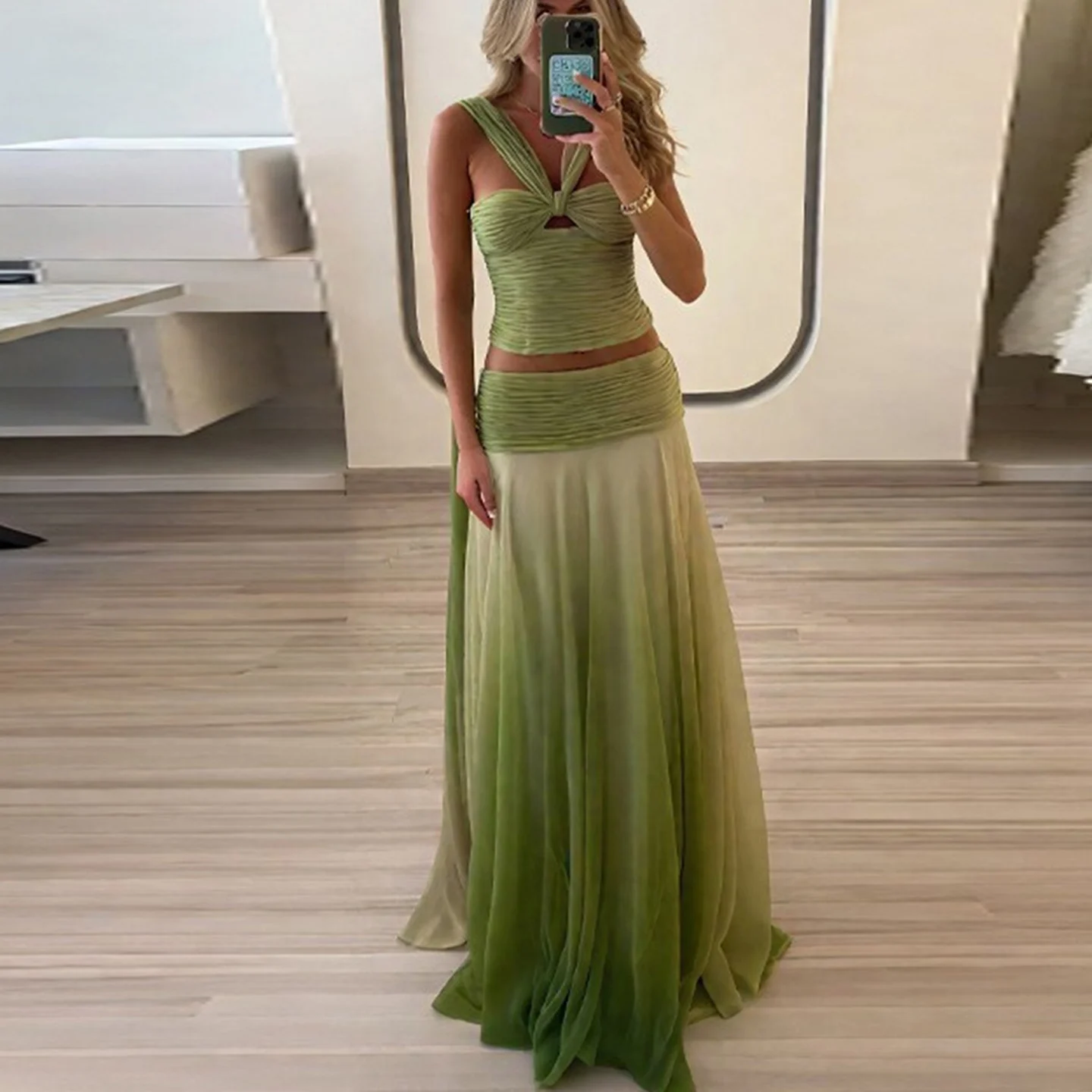 2025年秋新作 カジュアルなアディエンテカラーのネティブラウストップとスカートのセット、Vネックのスリムロングパンツのツーピースセット