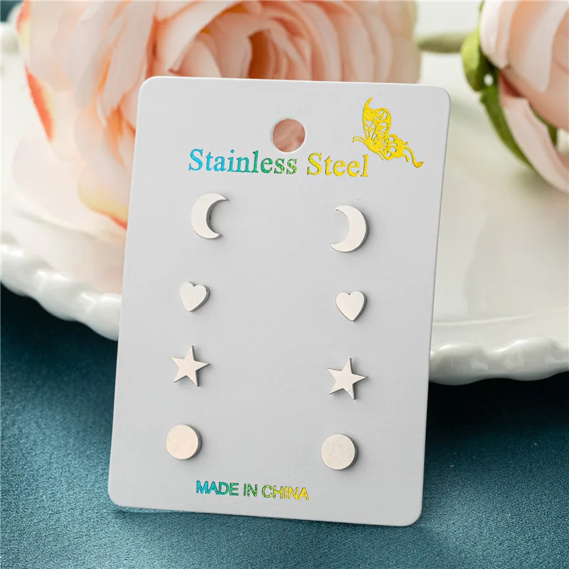 4Pairs Small Geometric Stainless Steel Stud Earrings Set