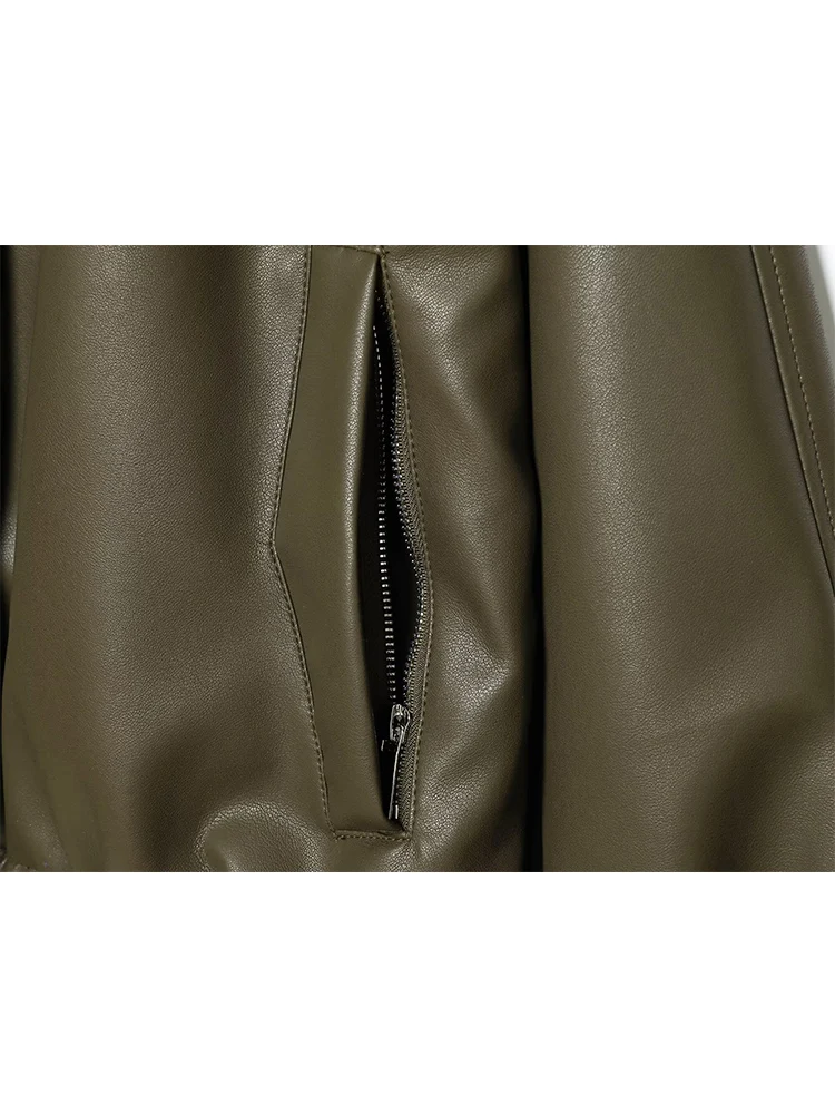 سترة جلدية شتوية بياقة واقفة للنساء كاجوال بأكمام كاملة وسحاب بلون سادة معطف قصير فضفاض للسيدات ملابس خروج عصرية