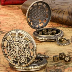 Steampunk Gear Pocket Watch Case with Pendant Chain 7pcs Tiny Metal Polyhedral Dice Set Role Playing Games Accessory