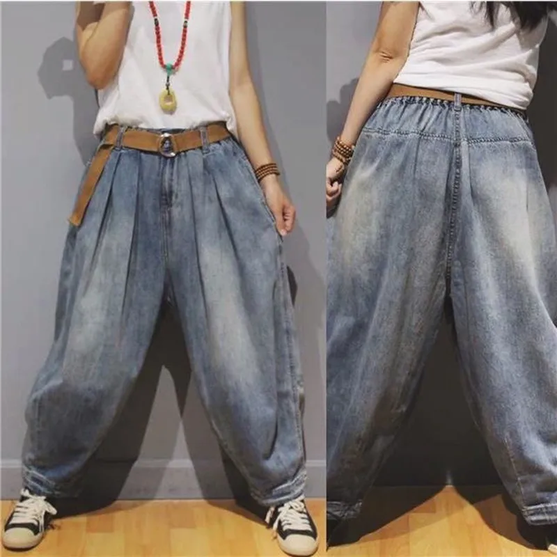 2023 Spring Autumn New Arts Style Women Elastic Waist Casual Cotton Denim Wide Leg Pants Vintage Blue Loose Jeans P276