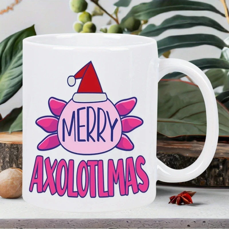 

Festive White Cup in Christmas Ceramic Axolotl - Holiday Axolotlmas Vacation Cup with Festive Design, Solo Hand Washing Reusable
