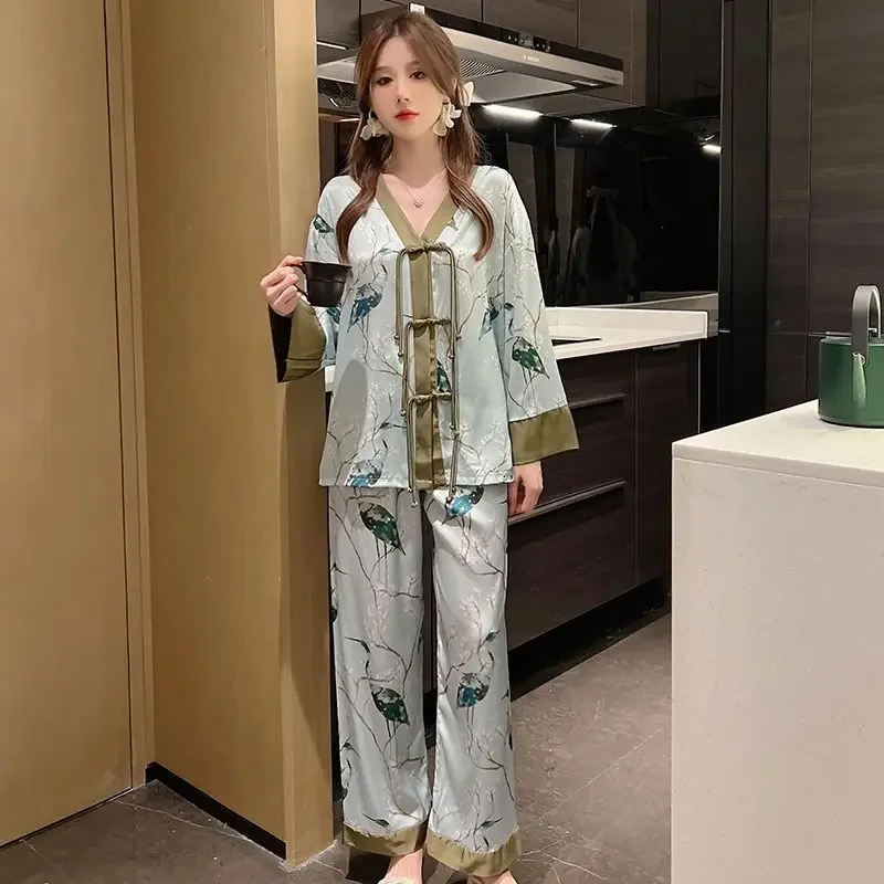 Women Ice Snow Silk Pajamas Spring Autumn Female Long Sleeve Thin Nightclothes Suit High-Grade Buckle Floral Casual Homewear
