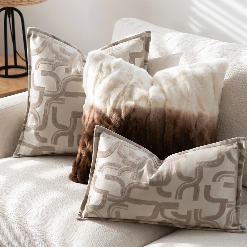 Luxury Textured Geometric Jacquard Throw Pillow Cover Soft Plush Ombre Faux Fur Cushion Case Neutral Beige Brown Pillowcase