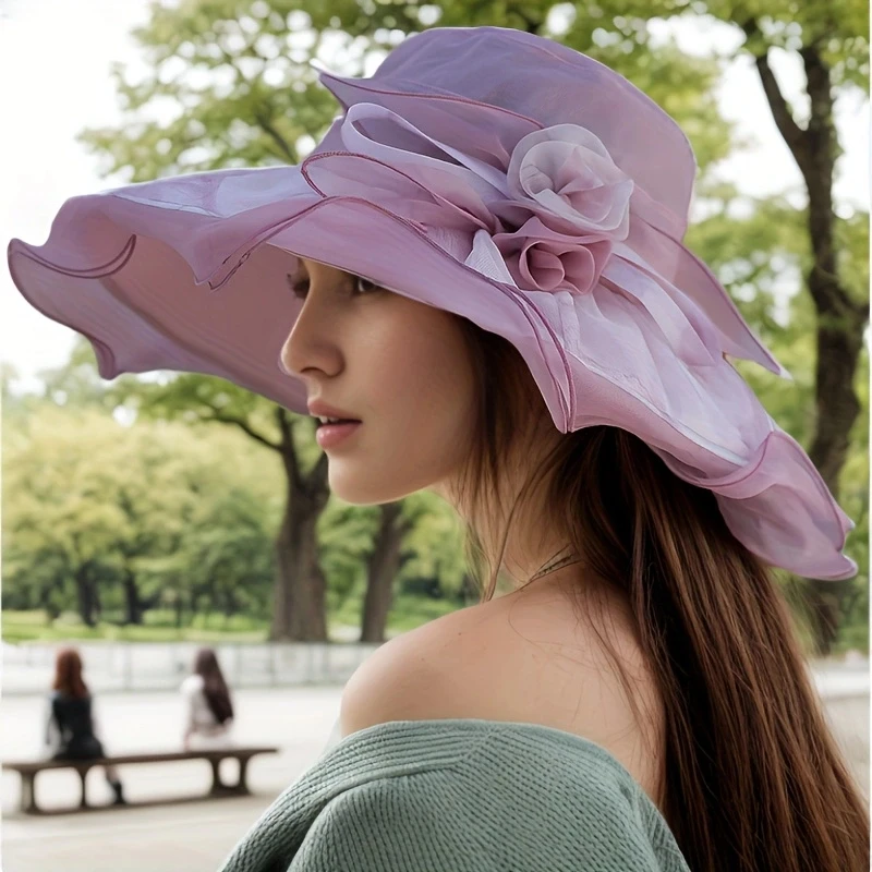 

Elegant Flower Silk Sun Hat Wide Brim Thin Breathable Ruffle Derby Hat Solid Color Summer Travel Beach Hats For Women Girls