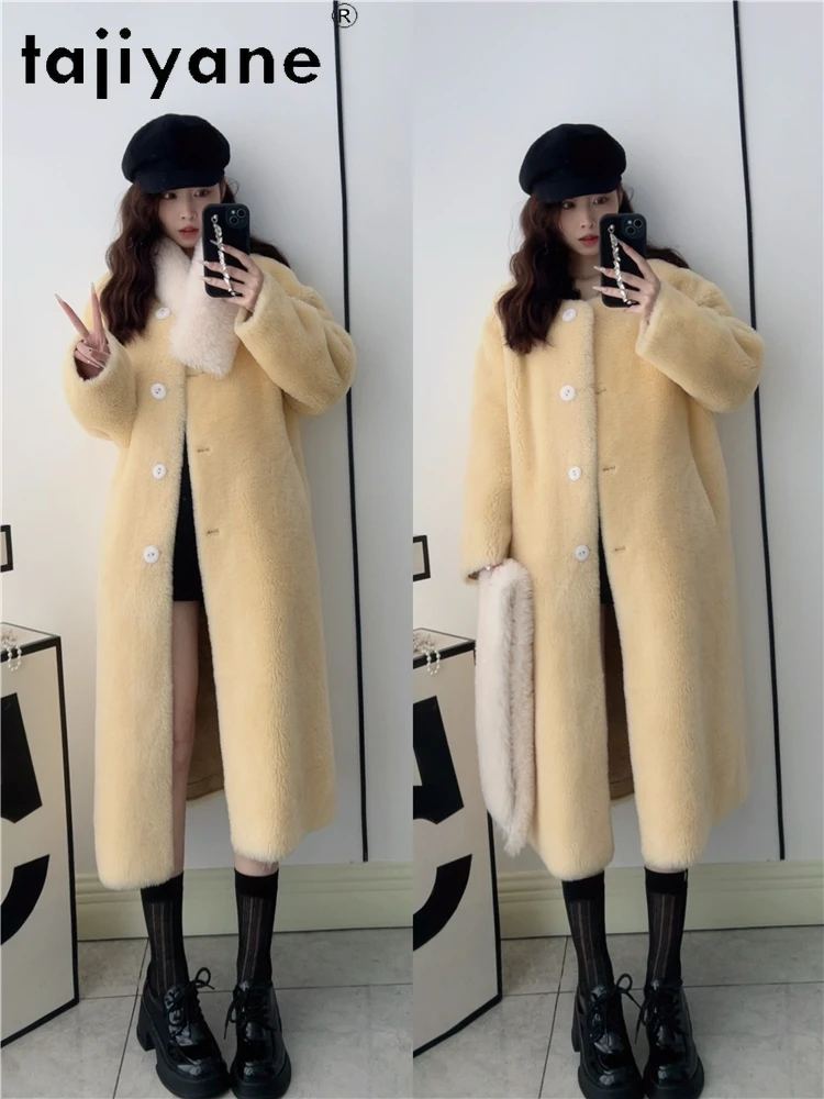 Tajiyane casacos de lã natural 100% para mulheres estilo coreano amarelo longo corte jaqueta 2025 inverno outerwears roupas femininas шрость