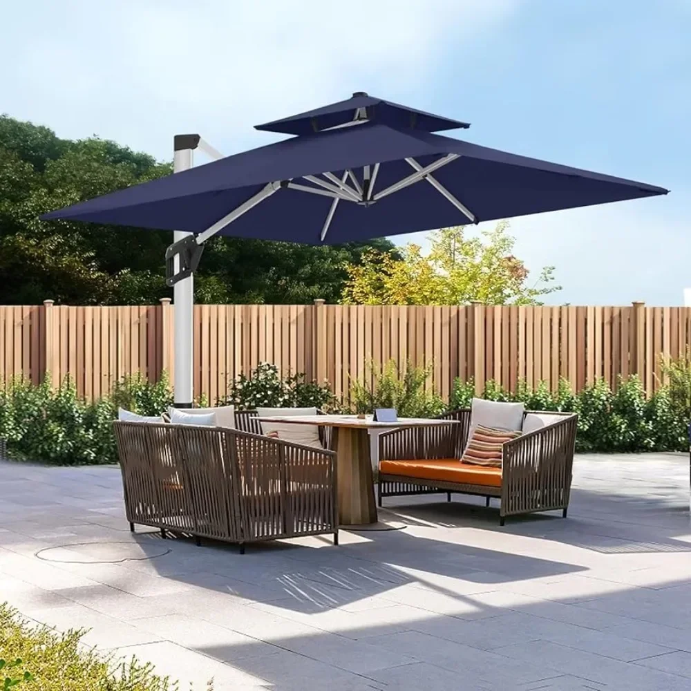 Patio Umbrella Beach 10ft Patio Umbrella - Large Windproof Cantilever Umbrella With 360-degree Rotation Navy Blue Square Parasol