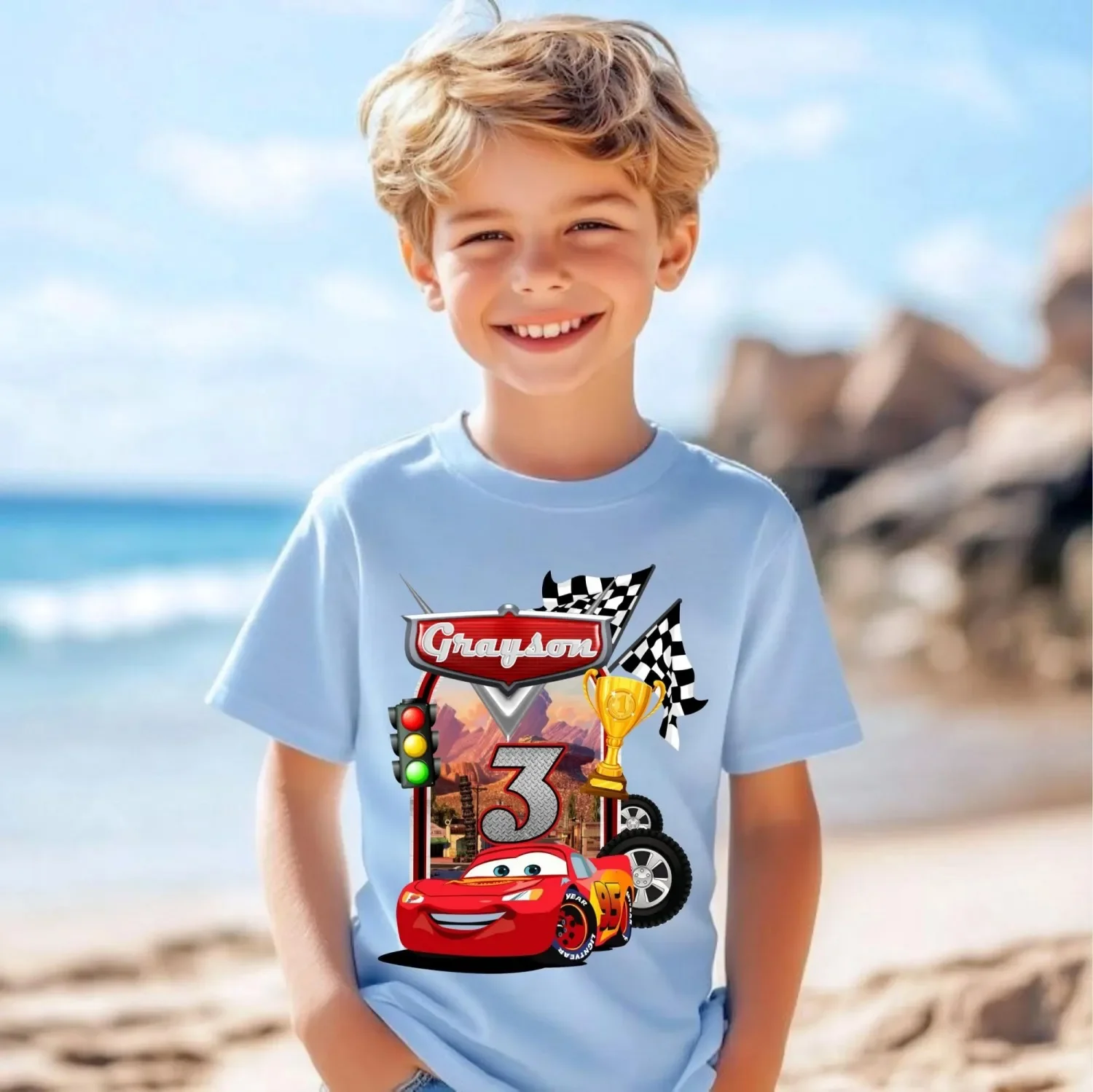 

Disney Pixar Boys' T-shirt Cars Lightning McQueen 3rd Birthday Printed Pure Cotton Sheer Spring/Summer Children's Gift T-shirt