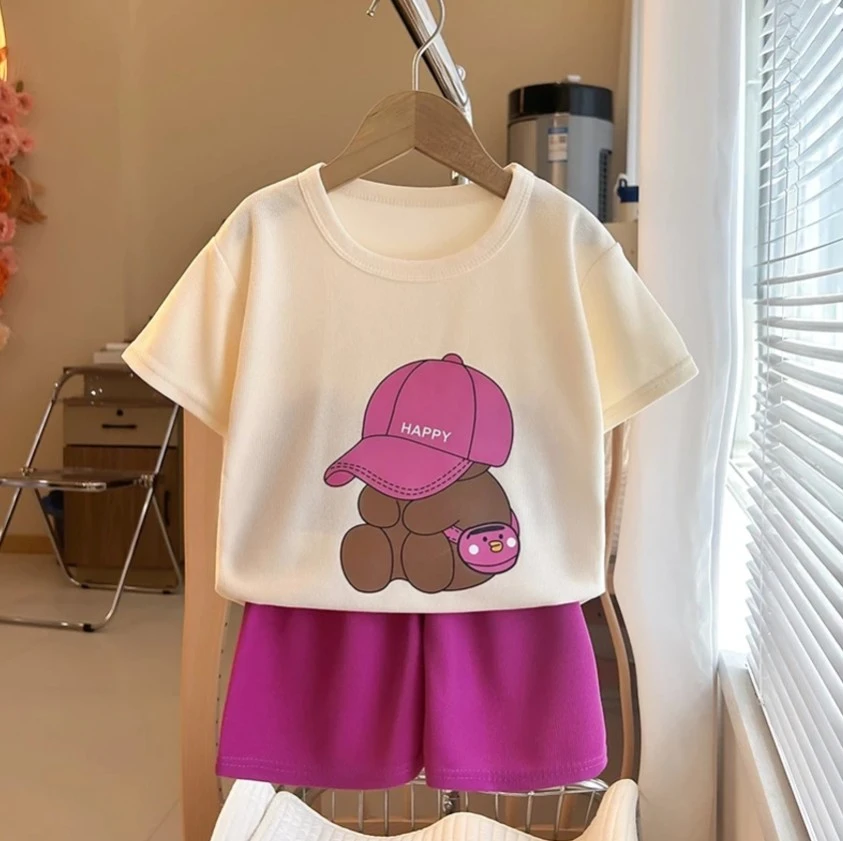 Infant Boys Girls 2Pcs Set Adorable Cap Wearing Pattern Short Sleeve T-Shirt And Solid Color Shorts Children Daily Wear Outfits