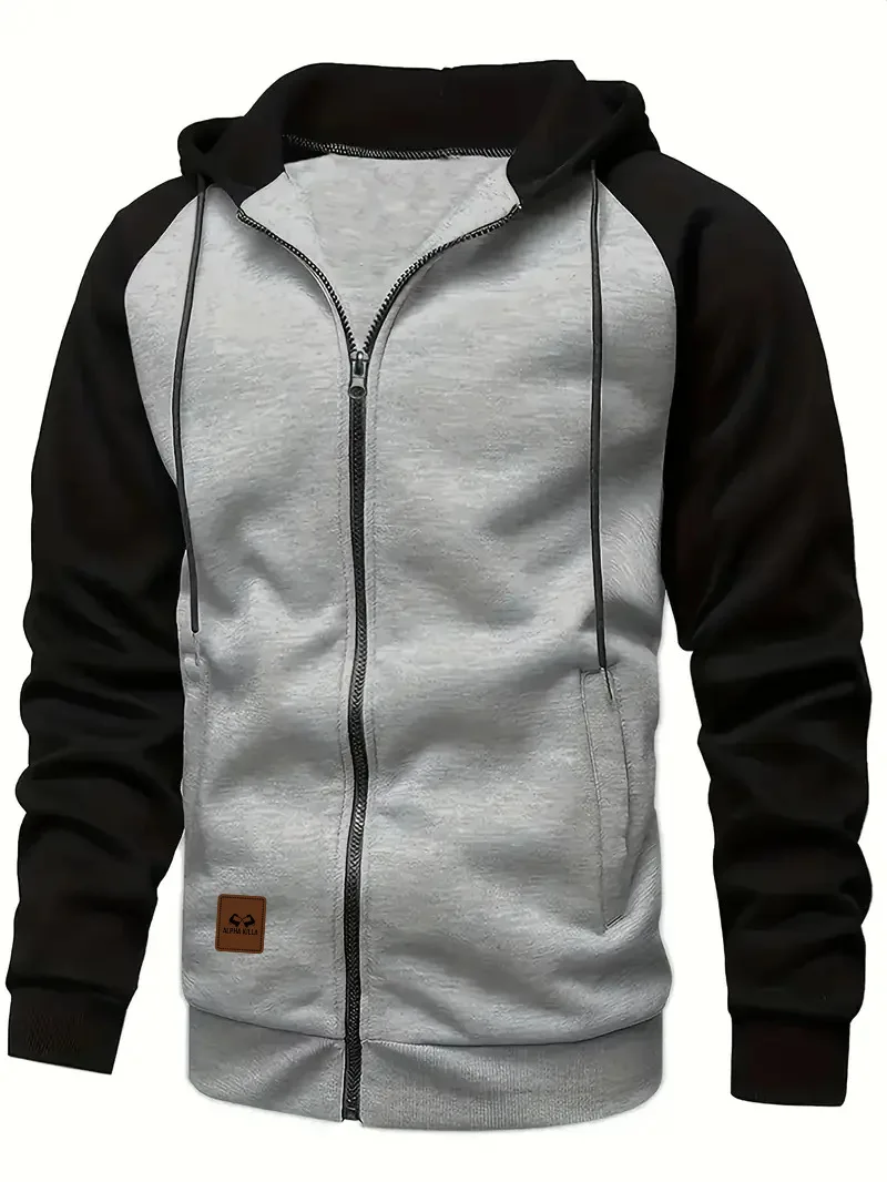 

New casual men's color-blocked long-sleeved hooded sweatshirt, multi-pocket and fleece style, perfect for family gatherings