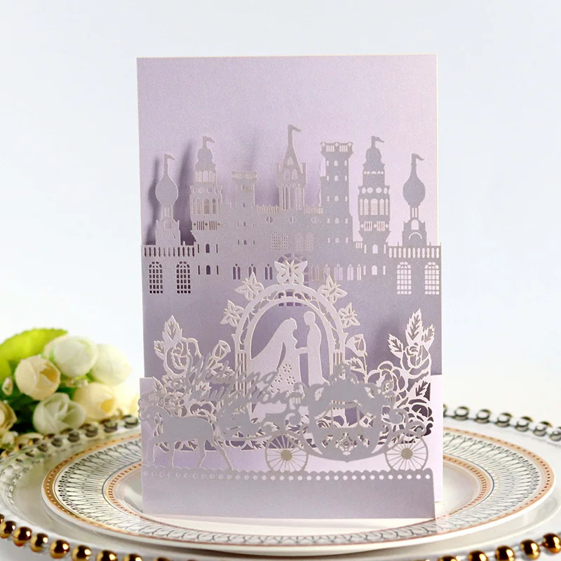 50Pcs Laser Cut Wedding Invitations Card Covers Carriage Castle Paper Card Customized Business Cards Party Decor Favor Supplies