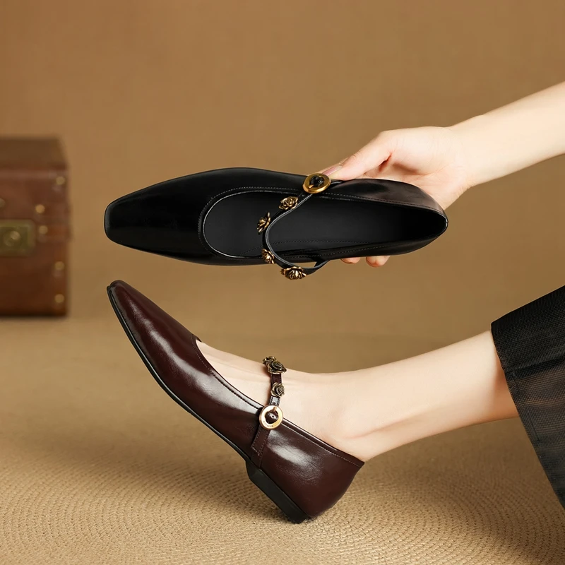 

Ladies' new leather cowhide retro rose belt buckle French square metal belt buckle low heel Mary Jane shoes work sheet shoes