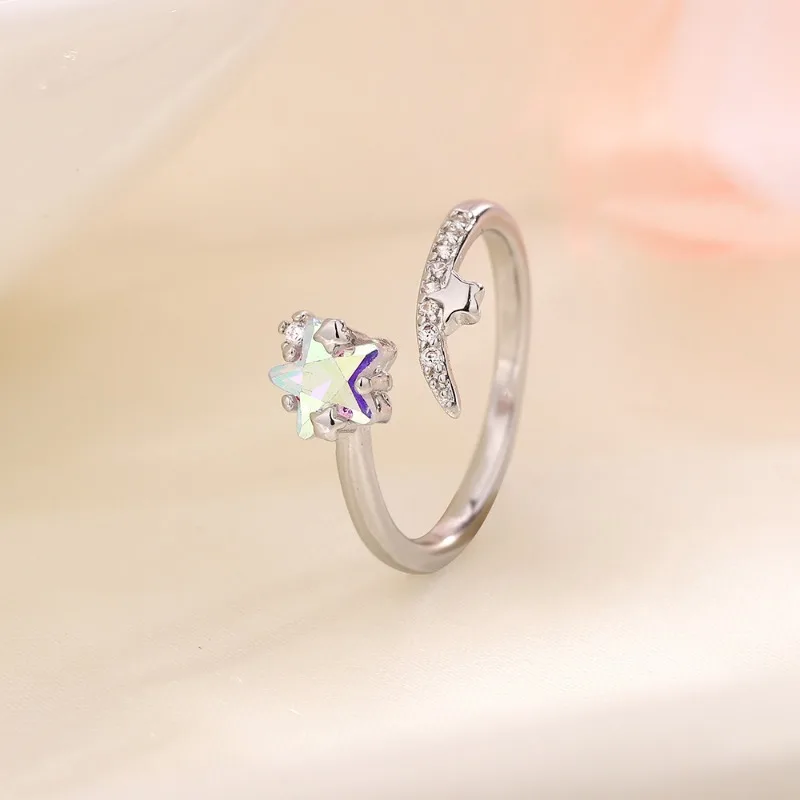 Silver Color Dream Moonlight Stone Star Rings For Women Simple Zircon Opening Adjustable Finger Rings Jewelry Party Gift