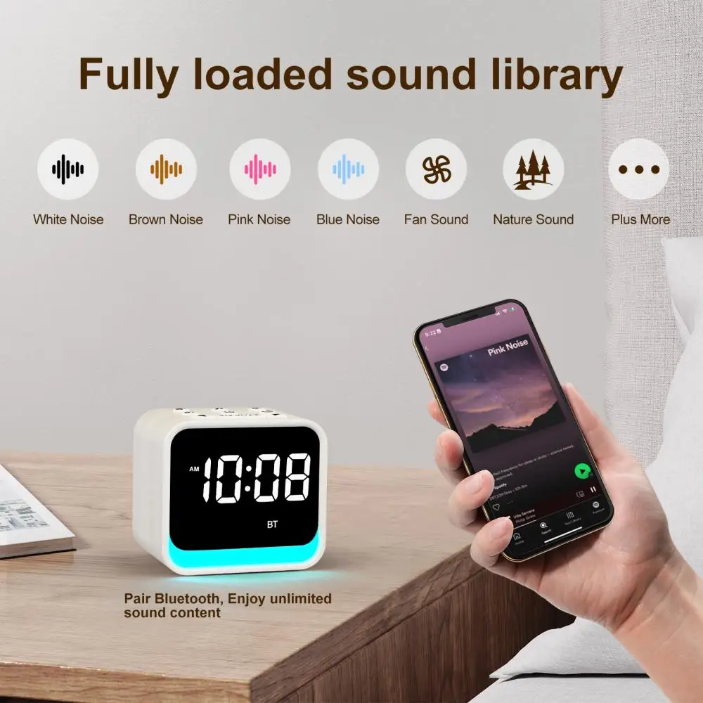 White Noise Machine Bluetooth Alarm Clock 7-Color Night Light 24 Soothing Sounds Sleep Sound Machine Baby Adult Sleep Aid Device