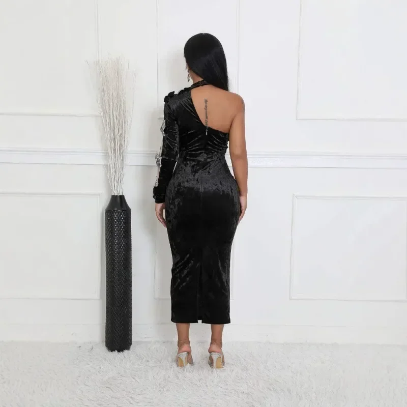 GUWU Sexy Een Schouder Fluwelen Maxi Jurk Vrouwen Avond Nachtclub Party Halter Lange Mouw Strikje Prom Elegante Lange Jurken