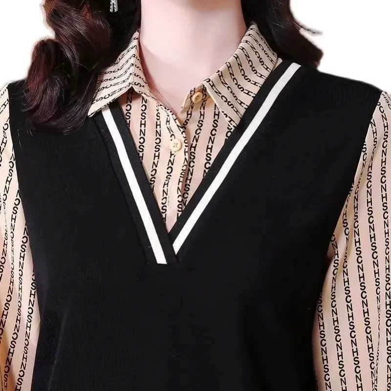 Falso duas peças de blusa feminina 2025 nova moda versátil impresso camisa de manga comprida camiseta topo feminino