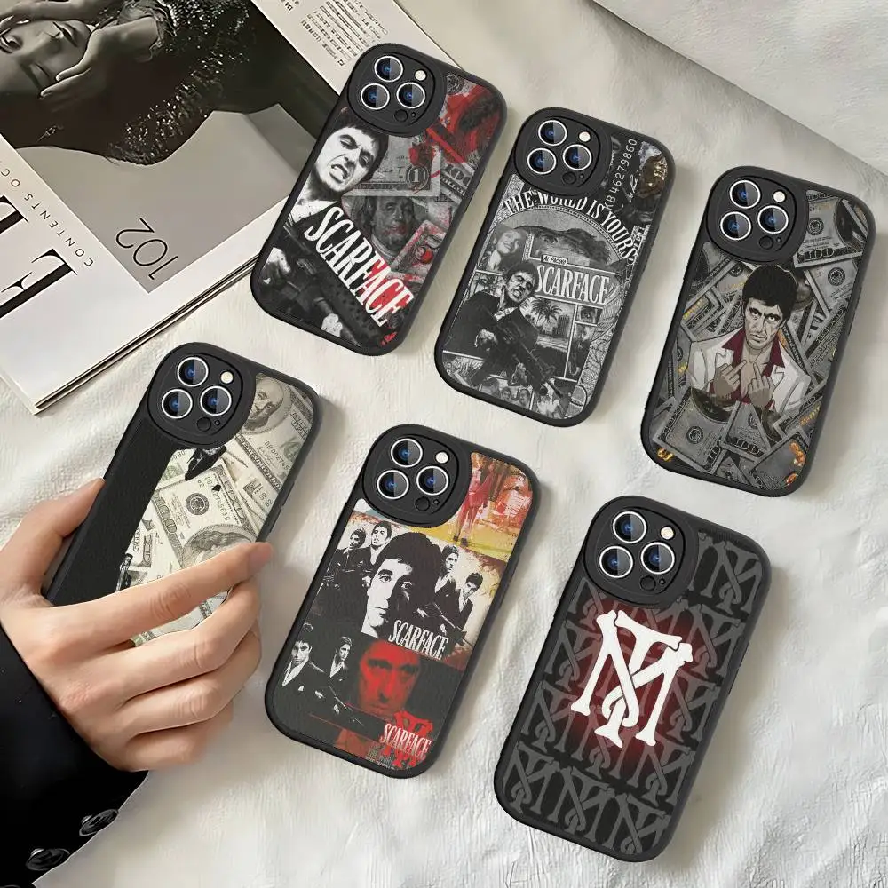 Classic S-Scarface Film Tony Leather Phone Case For IPhone 16 16e 15 14 13 12 11 Pro Max Plus Mini Cover