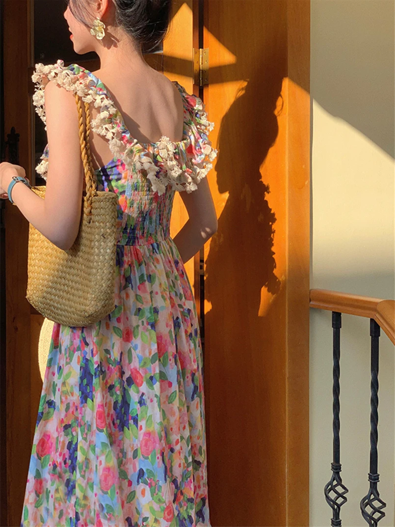 Stijlvolle bloemenprint katoenen maxi-jurken zomer fairycore kant patchwork elegante partij lange jurk dames grote kraag vestidos