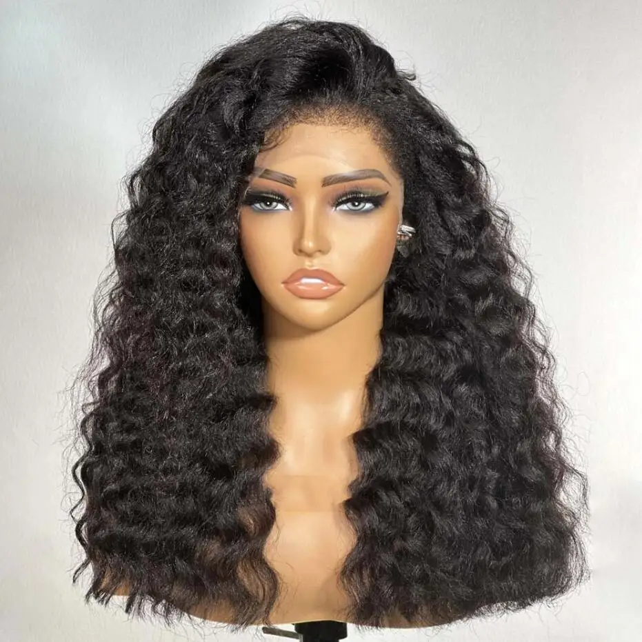 Peruca dianteira do laço longo Kinky Curly para mulheres, preto natural macio, cabelo do bebê, resistente ao calor, sem cola, pré-arrancado diariamente, 180 densidade, 26"