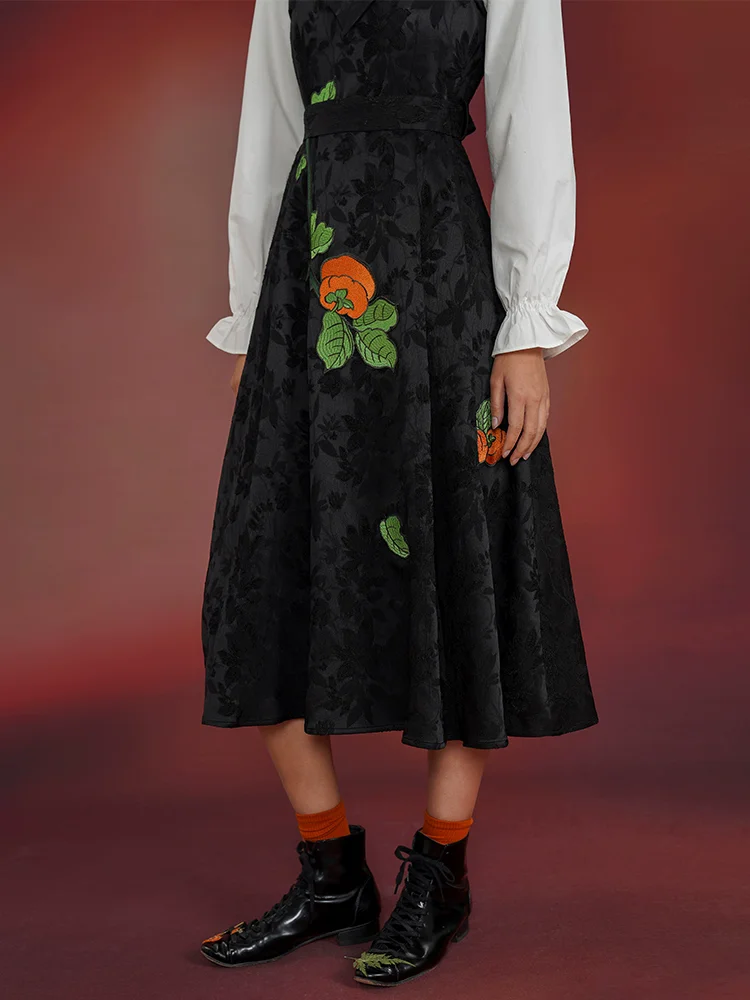 Spring Autumn Original Design Women All-match Black Persimmon Embroidered High Waist Spaghetti Strap Sleeveless PleatedDress