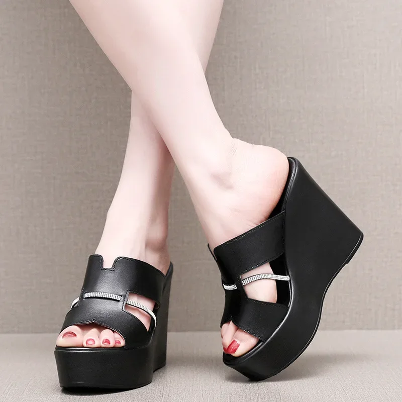 6 8 10cm Small Plus Size 33-43 Comfortable Women\'s Genuine Leather Shoes Summer Slippers 2024 Platform Wedges Slides for Office