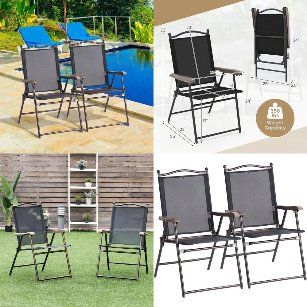 

Черные металлические уличные обеденные стулья с подлокотниками и сетчатой спинкой, идеально подходят для газона, сада, бассейна, пляжа и кемпинга, готовы к использованию