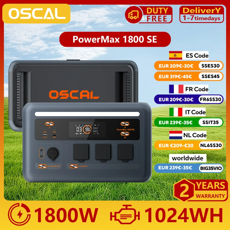 OSCAL PowerMax1800SE — batteria LiFePO₄ da 1024Wh con 15 uscite
