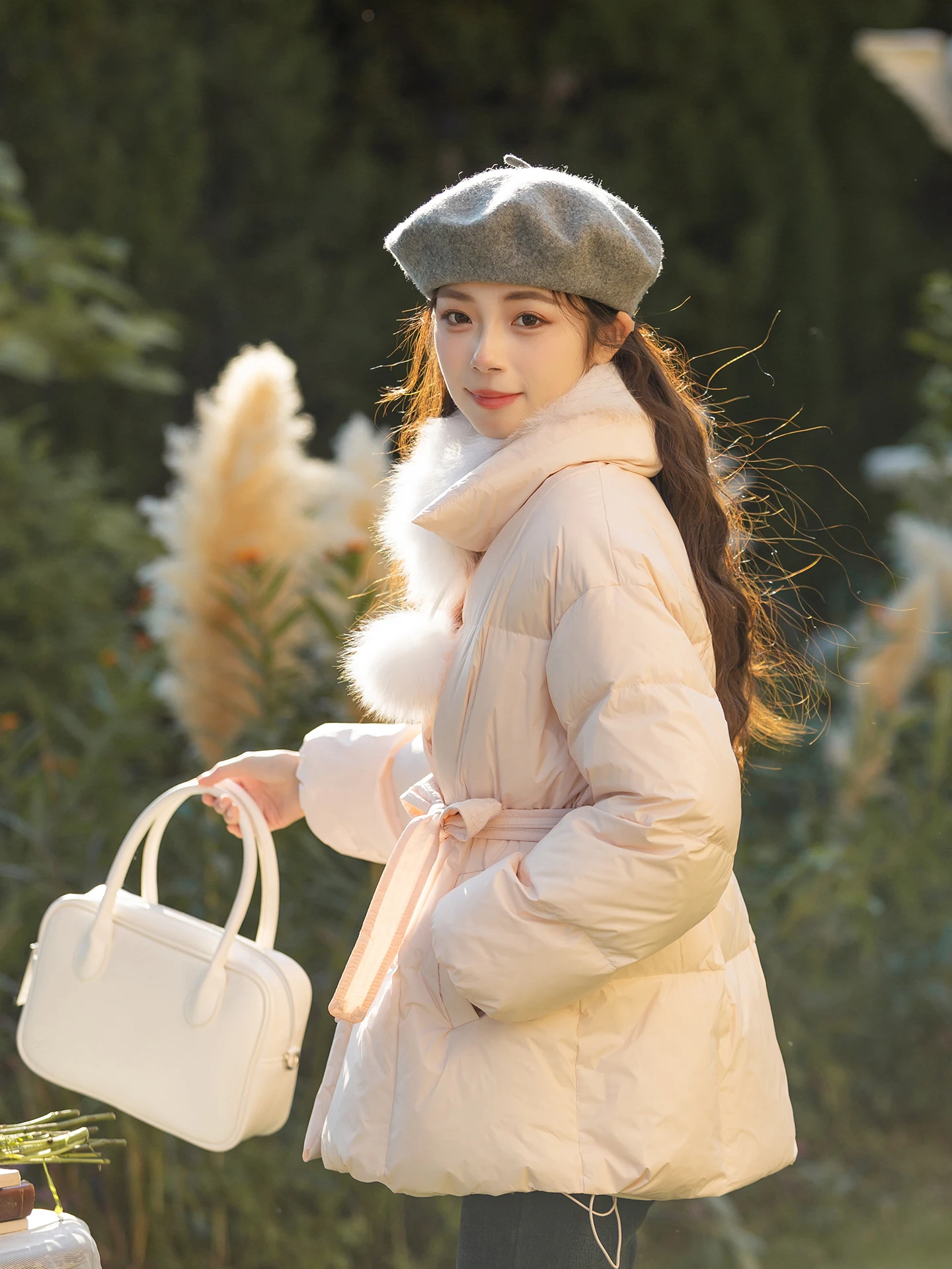 

Korean Sle ort Pink down Jaet Women's 2025 New Small Size Waist-Cinching Fur Collar Coat Du down Warm Polyester Fiber