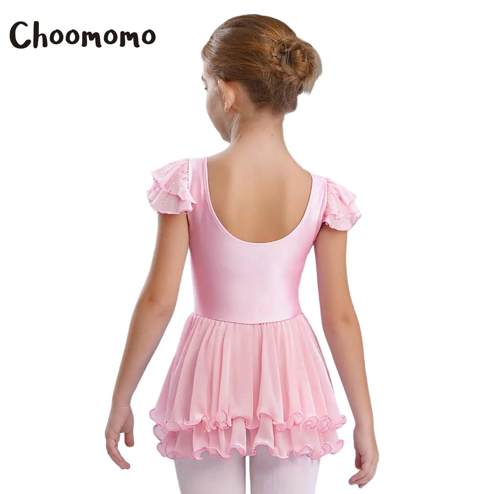 

Kids Girls Sleeveless Ruffle Gymnastics Ballet Leotard Dress Sheer Mesh Patchwork Rhinestones Figure Skating Costume