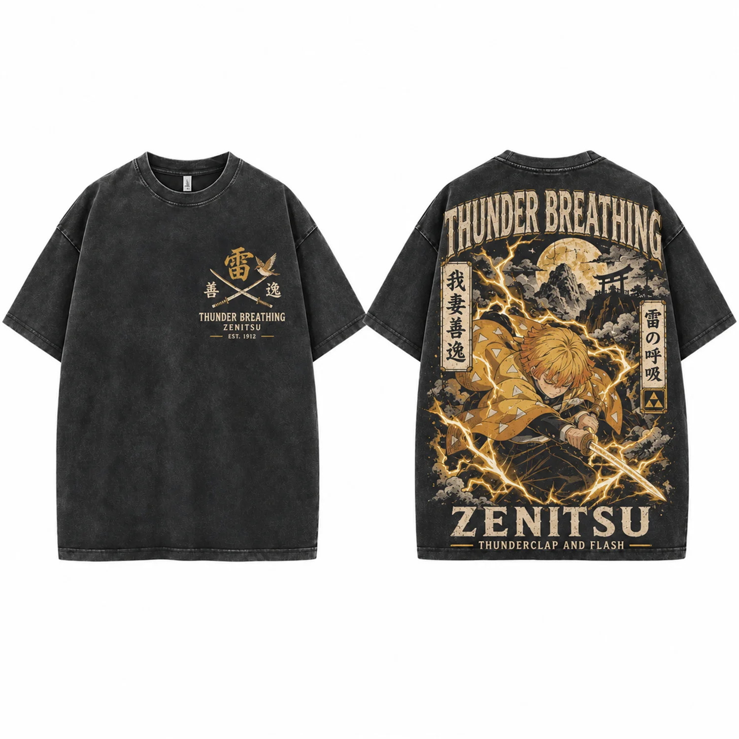 Heavyweight Cotton Washed Anime Graphic T Shirt Vintage Thunder Warrior Print Short Sleeve Unisex Streetwear Top