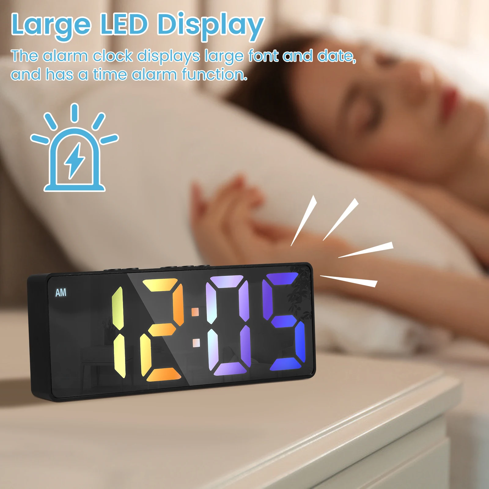 Digital Alarm Clock Colorful LED Alarm Clock USB/Battery Operated Desk Clock with Dual Alarms 12/24H Display 3 Adjustable Bright