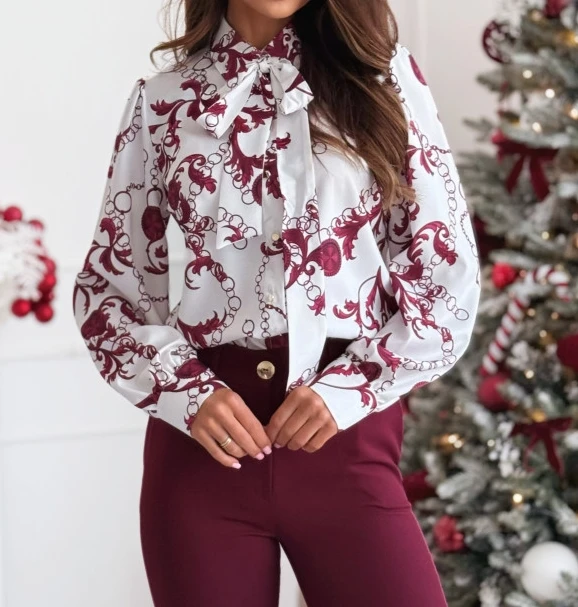 Fashionable Autumn Shirt Temperament Commuting Simple and Versatile Printed Long Sleeved Bow Tie Shirt Top for Women