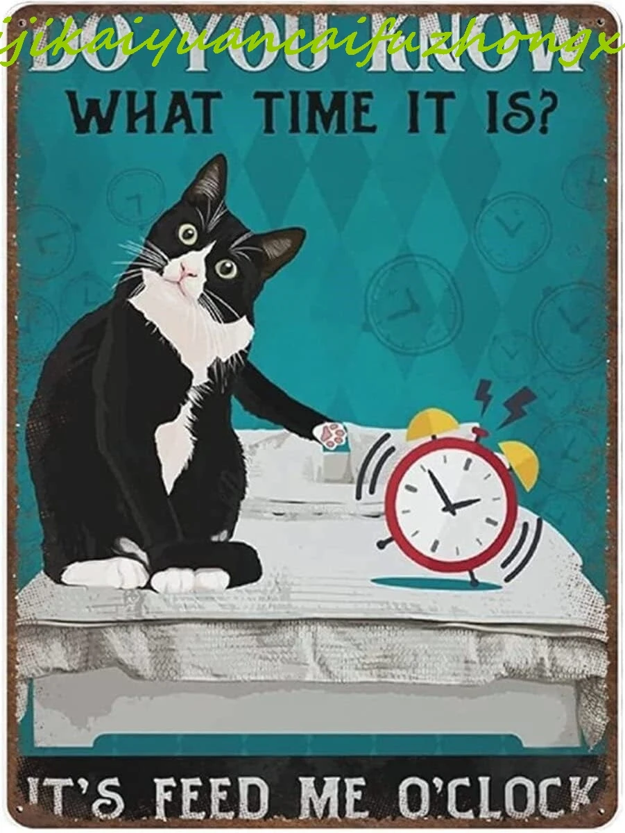 SaNavie Vintage Thick Metal Tin Sign-it's Feed Me O'clock Sign, Funny Tuxedo Cat Poster,home Decor Wall Art，funny Signs