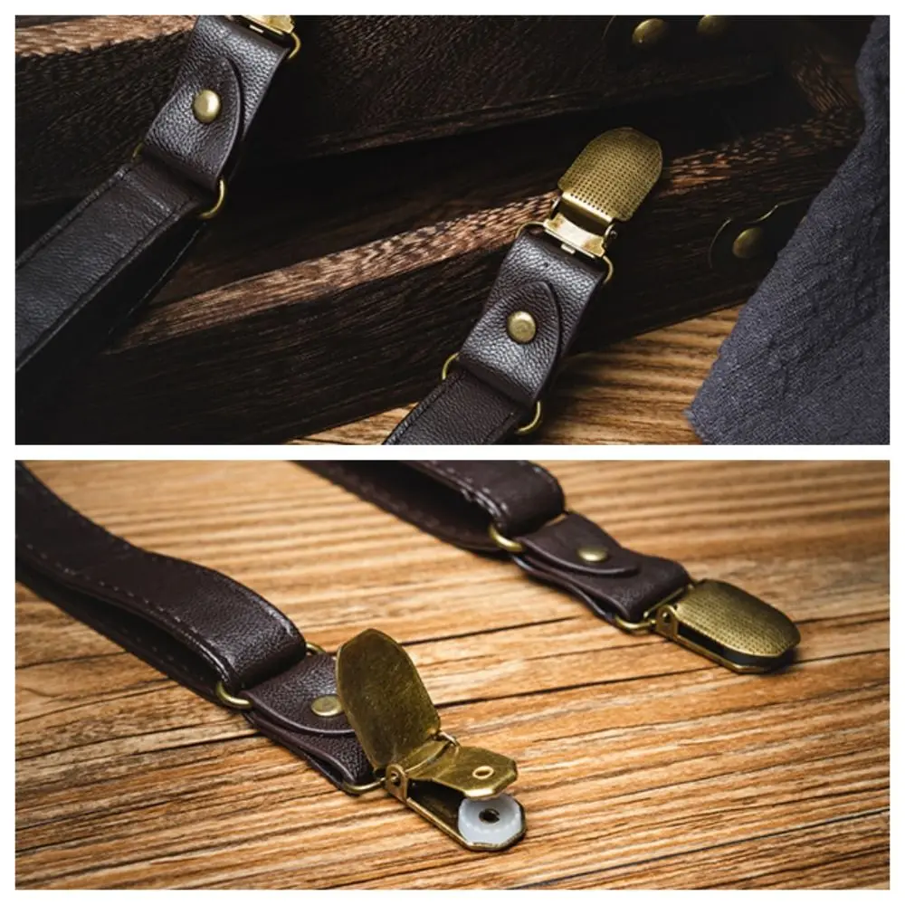 حمالات سوداء عصرية للرجال بحمالات جلدية بنية على الطراز البريطاني ومضادة للانزلاق وإكسسوارات مشبك الحمالات #2