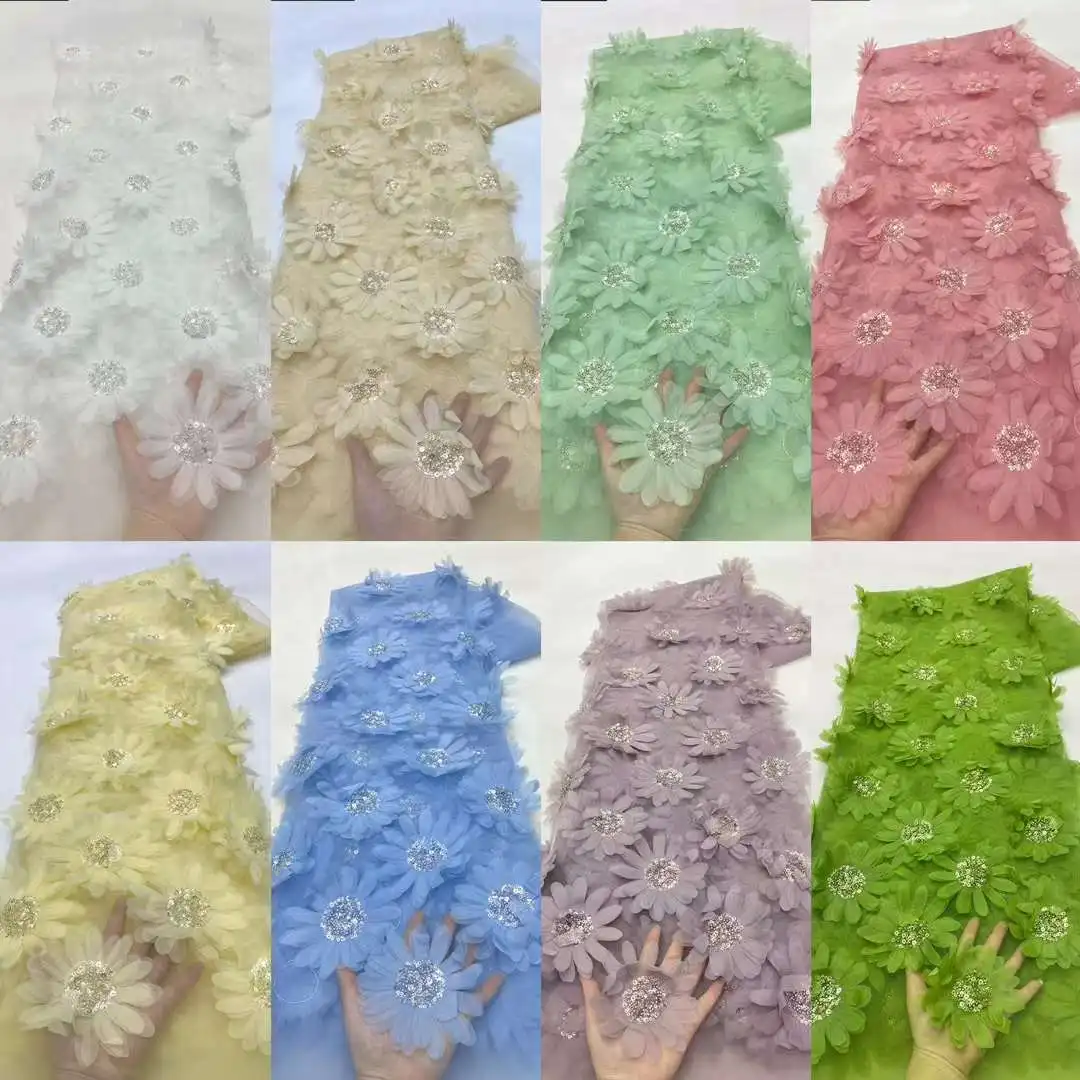 아프리카 3D 레이스 원단 5야드 2025 고품질 비즈 신랑 자수 프랑스 나이지리아 스팽글 레이스 원단 웨딩용