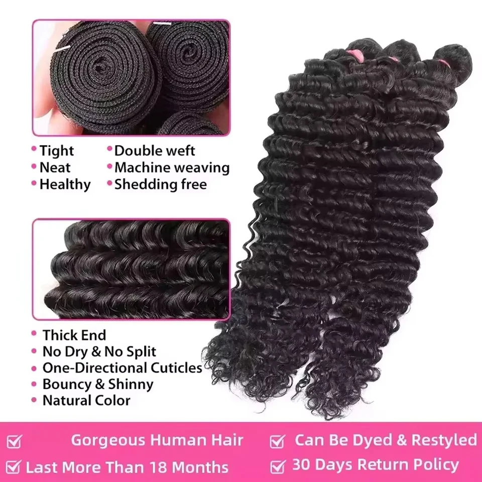 Paquetes de cabello humano con onda profunda, 24 26 28 pulgadas, rizos profundos, cabello natural brasileño crudo para mujer 4