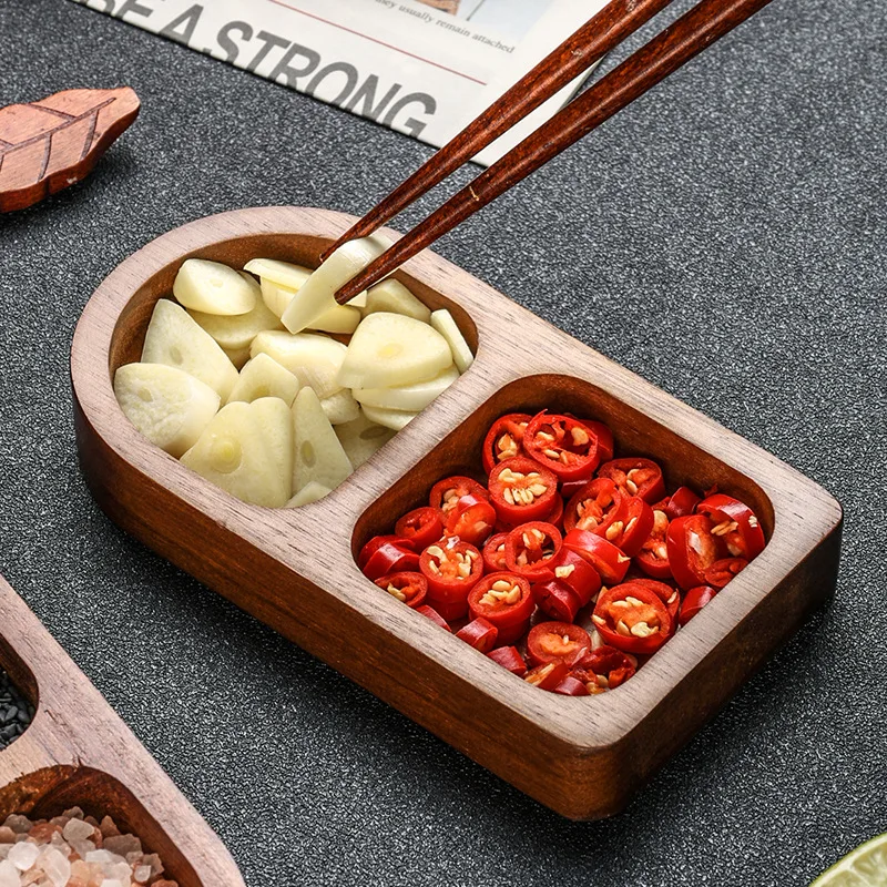 Acacia Wood Three Grid Side Dish Solid Wood Dip Dish Breakfast Roast Hot Pot Kimchi Seasoning Dish Snack Plate