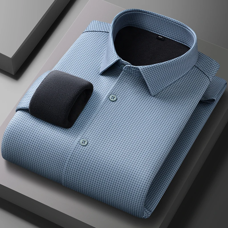 Kemeja lengan panjang bergaris ModaL hangat musim dingin untuk pria kemeja kasual slim fit lembut anti-kerut elegan pakaian tebal.
