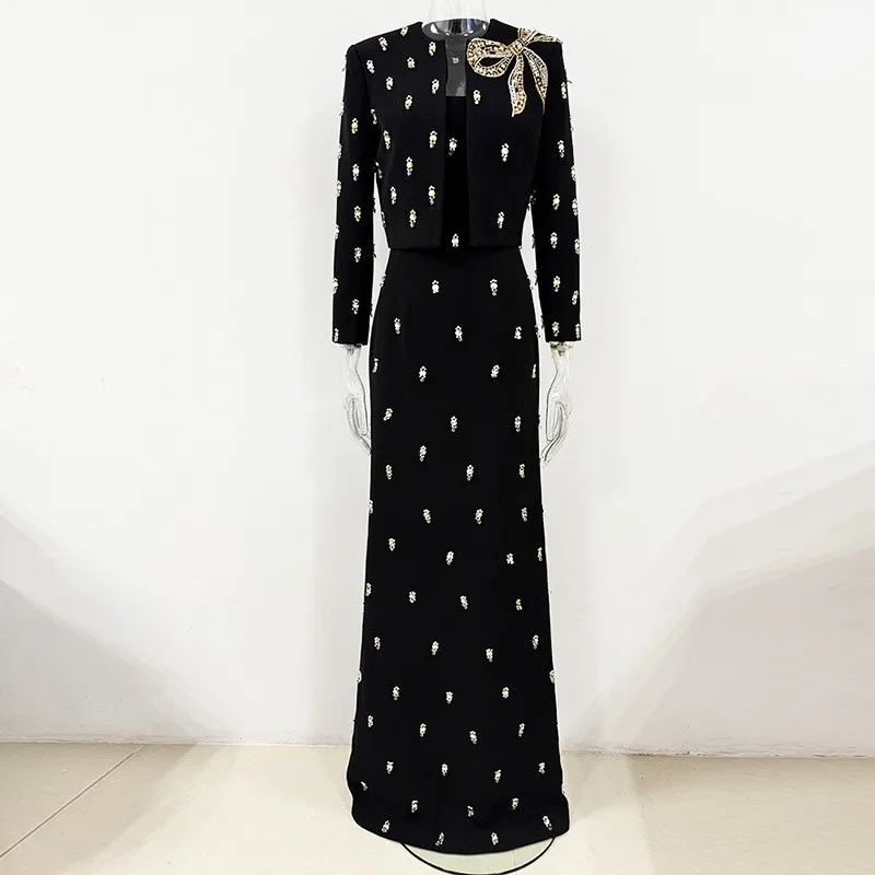 HIGH STREET Newest Fashion 2026 Vestido Women's Beaded Wrapped Chest Long Maxi Dress +Short Jacket