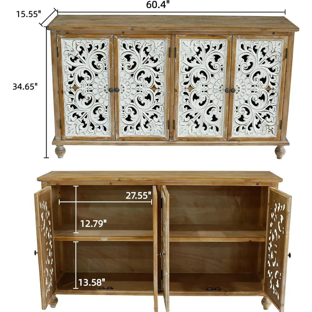 Credenza vintage in stile country francese, buffet scolpito cavo intagliato in fattoria, credenza in accento per soggiorno