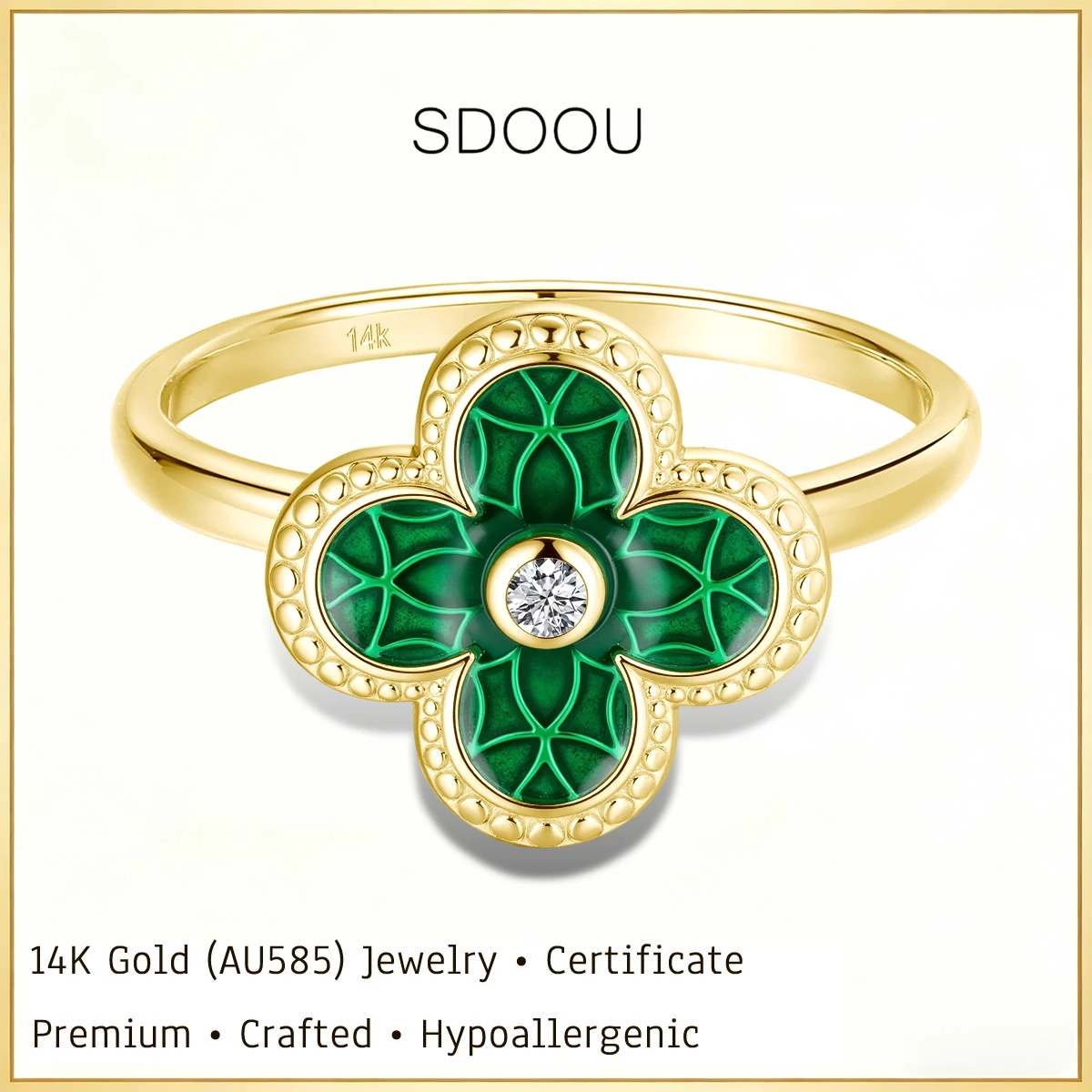

Модное кольцо SDOOU из золота 585 пробы (14 карат) с зеленой эмалью и кубическим цирконием, с четырехлистным клевером, для женщин и девушек, на удачу, для свадьбы, вечеринки, в подарок
