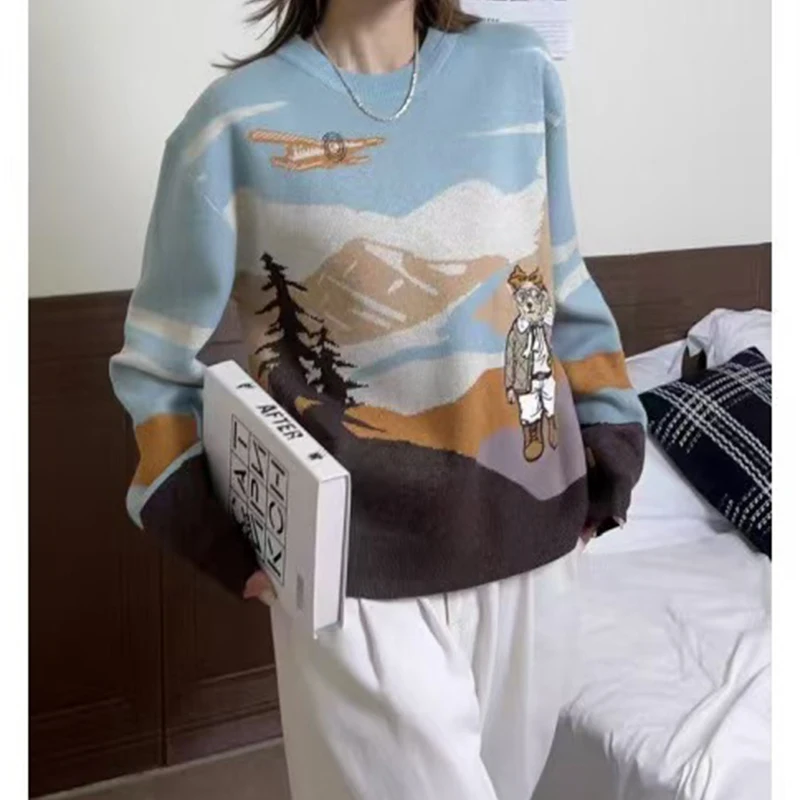 Autumn Cashmere Women\'s Pullover Cute Bear Sweater Stylish Casual Loose Fit O-neck Knit Bear Embroidery Long Sleeve Jumper 2025