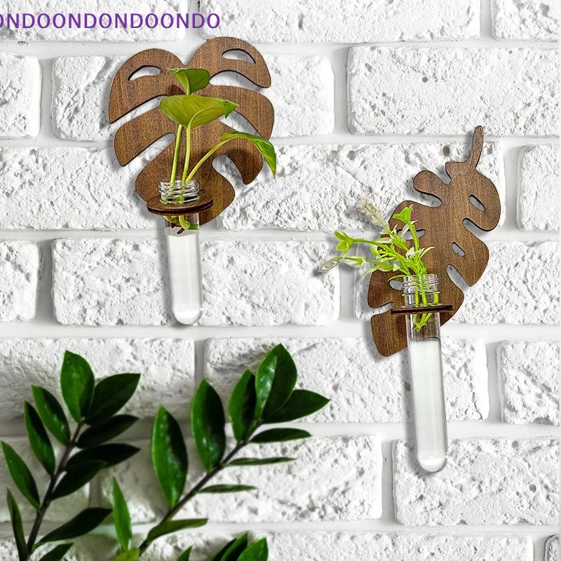 Elegant Wooden Monstera Wall Planter with Test Tube Vase Perfect for Hydroponic Home