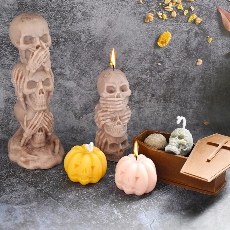 3D Skull with Pumpkin Silicone Candle Mold DIY Halloween Themed Decorative Crafts Plaster Resin Making Tools Holiday Gifts