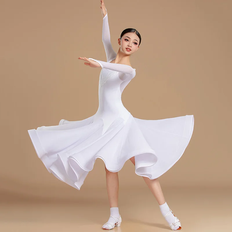 모던 댄스 드레스 어린이 소녀 전문 표준 댄스웨어 바디수트와 빅 스윙 스커트 댄스 공연 연습 의상