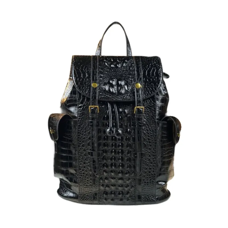 Genuine Cowhide Crocodile Pattern Travel Backpack - Unisex Large School Bag for Students & Office Workers with Anti-Theft Zipper