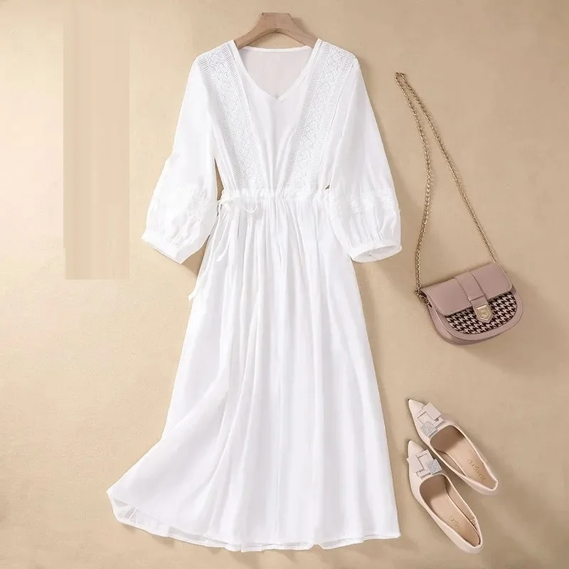 

White Vintage Dress Women Loose A-line Dress High Waisted Cotton and linen Dress Female Summer 2024