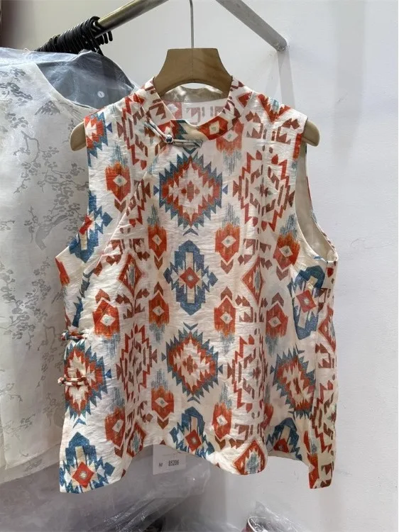 Neue Chinesische Sle Buttonl Svel Weste irt frauen Sommer Faion Retro Druck Baumwolle Top Lose Fit Casual Wear